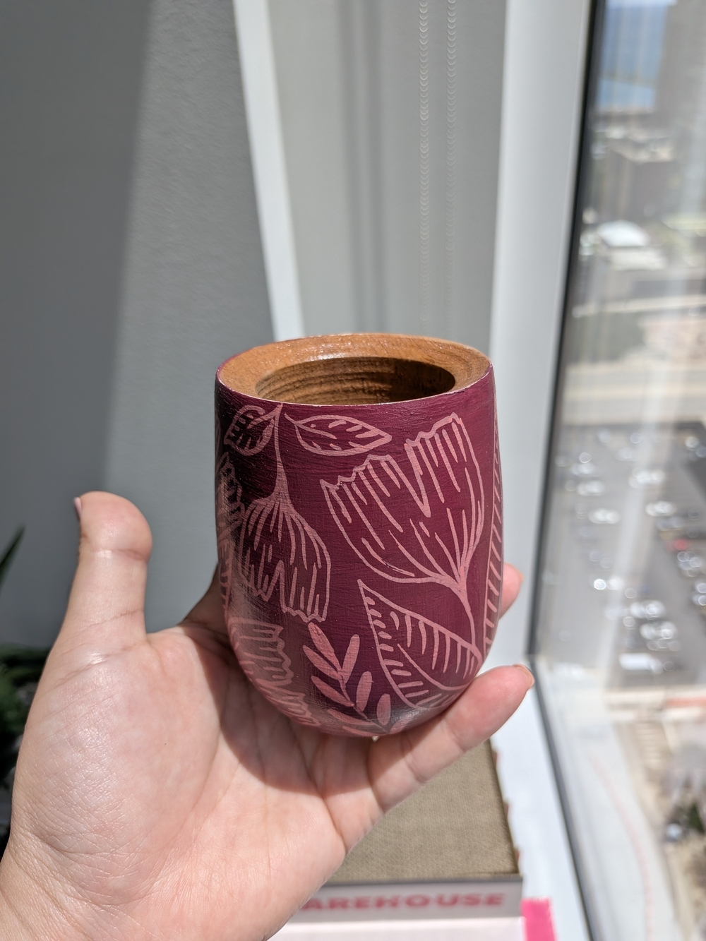 Handcrafted Pink Floral Wooden Mate Cup/ Gourd